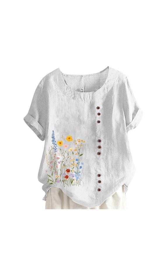 Summer Linen Tops for Women Floral Trends Tee Shirts Crew Neck Rolled Sleeve Shirts Plus Size Relaxed Fit Tumic Tops Business Casual Dressy Work Blouses