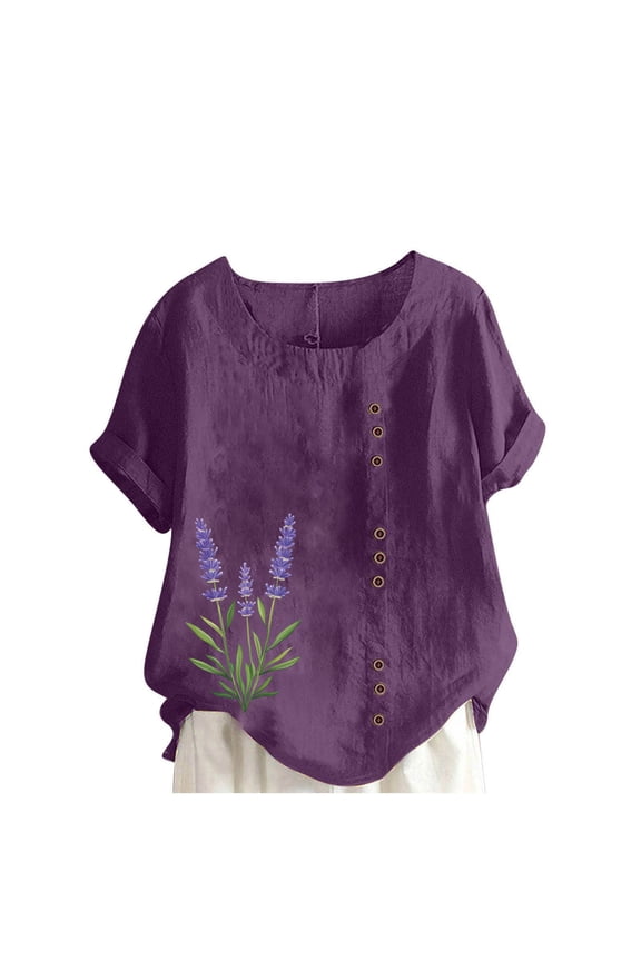 Summer Linen Tops for Women Floral Trends Tee Shirts Crew Neck Rolled Sleeve Shirts Plus Size Relaxed Fit Tumic Tops Business Casual Dressy Work Blouses