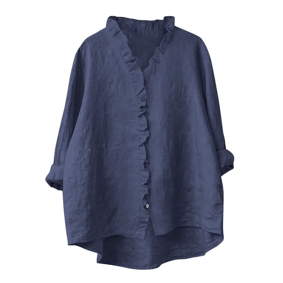 Summer Linen Tops for Women Pleated Collared Shirt Vintage CaUSAl Shirts Baggy Boho Tunic Blouses V Neck Long Sleeve Shirts Loose Relaxed Fit Tops Going Out Beach Vacation Blosues