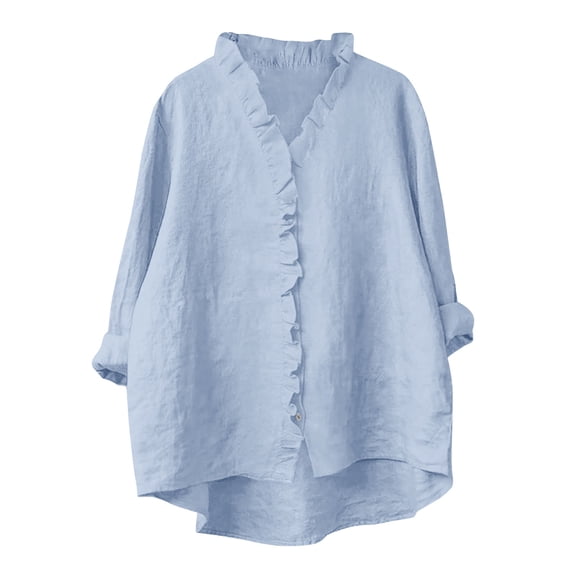 Summer Linen Tops for Women Pleated Collared Shirt Vintage CaUSAl Shirts Baggy Boho Tunic Blouses V Neck Long Sleeve Shirts Loose Relaxed Fit Tops Going Out Beach Vacation Blosues