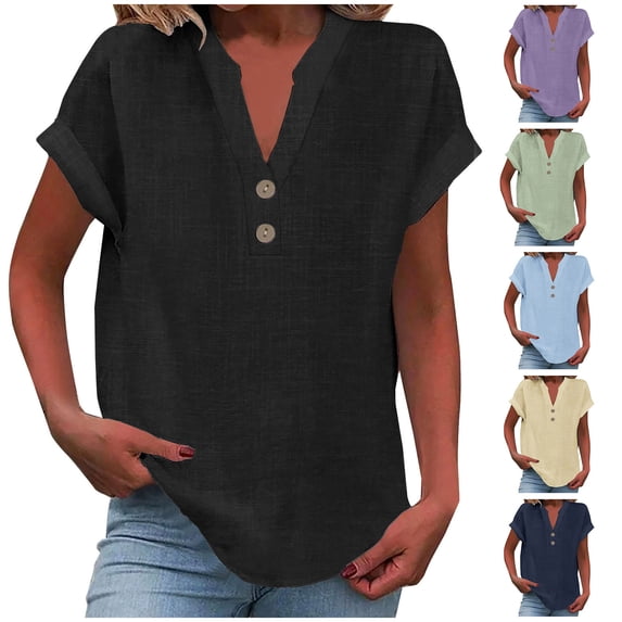 Summer Linen Tops for Women Button V Neck Pullover Lightweight Casual Plain Tshirts Loose Beach Travel Outfits (XL, Black)