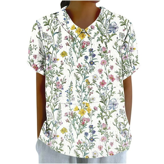 Summer Linen Tops for Women Floral Printed Loose Fit Casual T Shirts with Collar Plus Size Beach Outfits S-5XL (M, White)