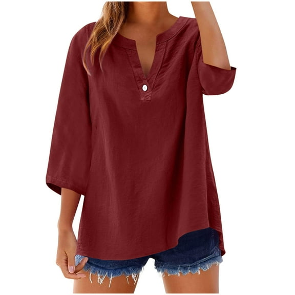 Summer Linen Tops for Women Henley Neck Tunic Top 2/3 Sleeve Shirts Button Down Tees Solid Causal Blouses Fltter Hem Tunic Going Out Costume