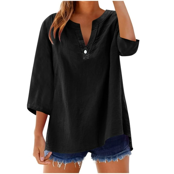 Summer Linen Tops for Women Henley Neck Tunic Top 2/3 Sleeve Shirts Button Down Tees Solid Causal Blouses Fltter Hem Tunic Going Out Costume