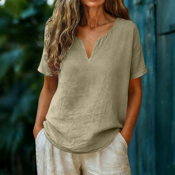 Summer Linen Tops for Women Oversized V Neck Cotton Linen Short Sleeve T Shirts Casual Solid Lightweight Breathable Comfy Tee Shirt
