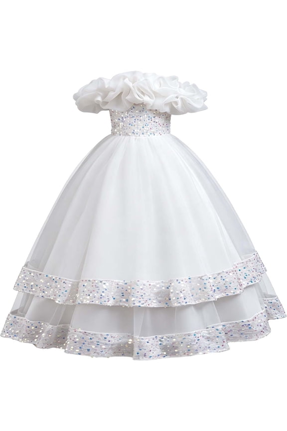 Summer Little Girl Dresses Sparkly Layered Tutu Party Glitter formal Gown Beach Clothes for Girl Size 7-8T