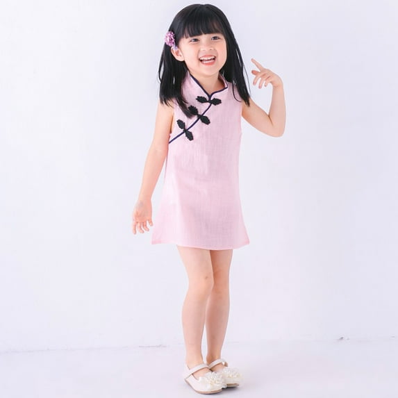 Summer Little Girls Classic Cheongsam Child Sleeveless Chinese Qipao Dress, Pink