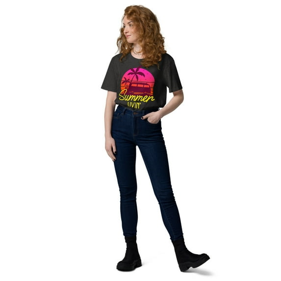 Summer Livin' Sunset Themed Unisex organic cotton t-shirt (Dark Heather Grey, L)