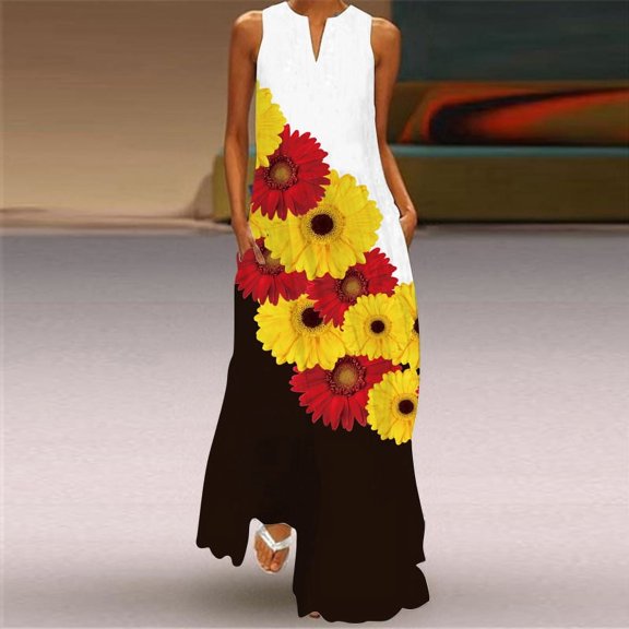 Summer Long Dress Elegant Robe Dress Party Sleeveless Women Casual Sundress Maxi Butterfly Print 3D Flowers Dresses