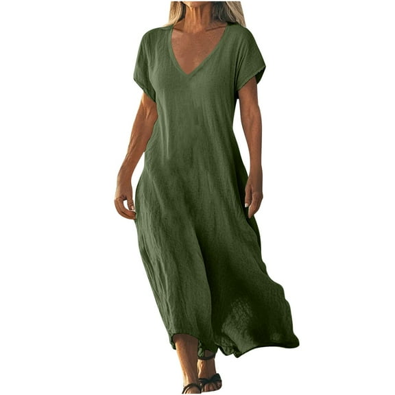 Summer Long Dress Womens Plus Size Linen Flowy Boho Dresses Short Sleeve V Neck Casual Beach Maxi Sundress (3XL, Green)