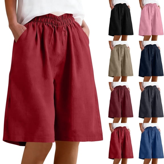 Summer Long Shorts for Women Knee Length Elastic Waist Casual Lounge Cotton Linen Wide Leg Baggy Short Pants (XL, Red)