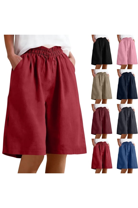 Summer Long Shorts for Women Knee Length Elastic Waist Casual Lounge Cotton Linen Wide Leg Baggy Short Pants (XL, Red)