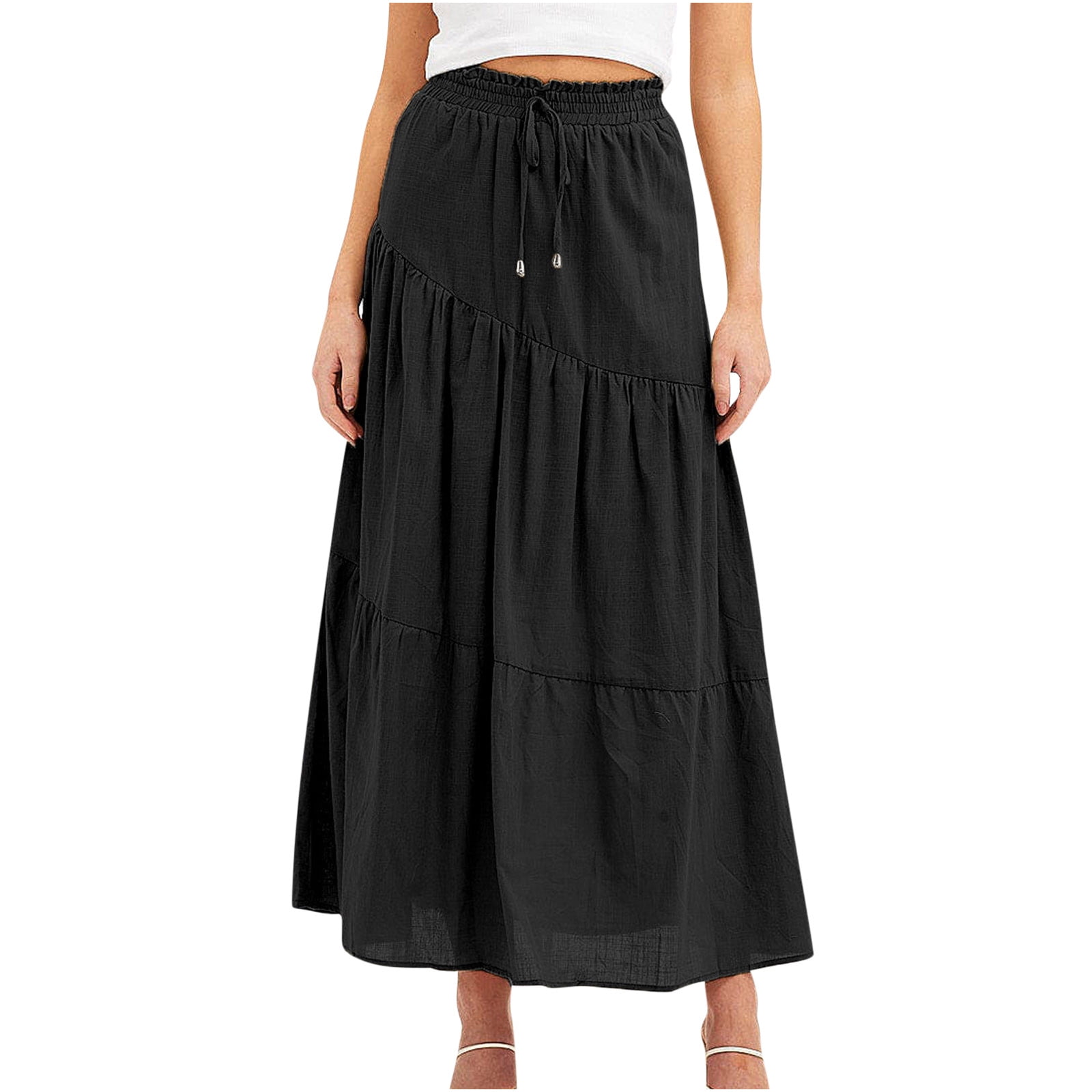 Women Long Cotton Maxi Skirt Boho Summer Casual Swing Ruffle Fashion Black