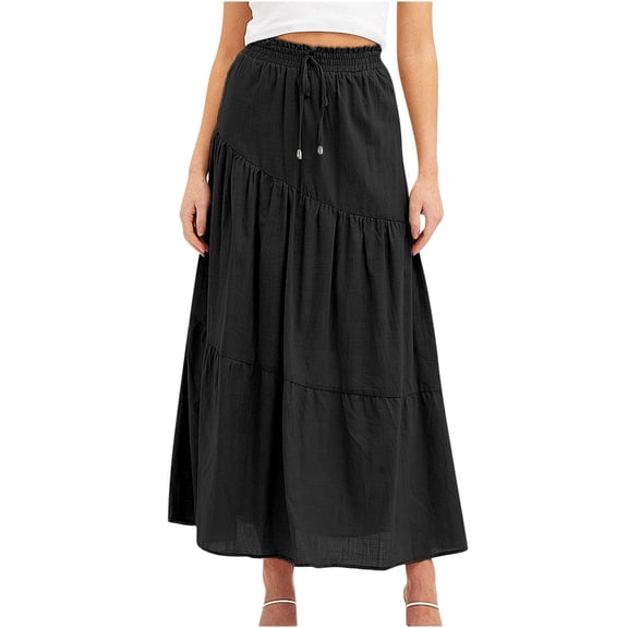 Summer Long Skirts for Women Cotton Linen High Waist Boho Pleated Swing Maxi Skirt Casual Ruffled Layers Flowy A Line Beach Skirts Pockets