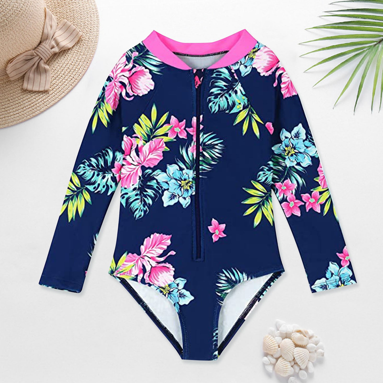 Summer Long Sleeve Bikini Tummy Control Floral Swimsuit for Girls One