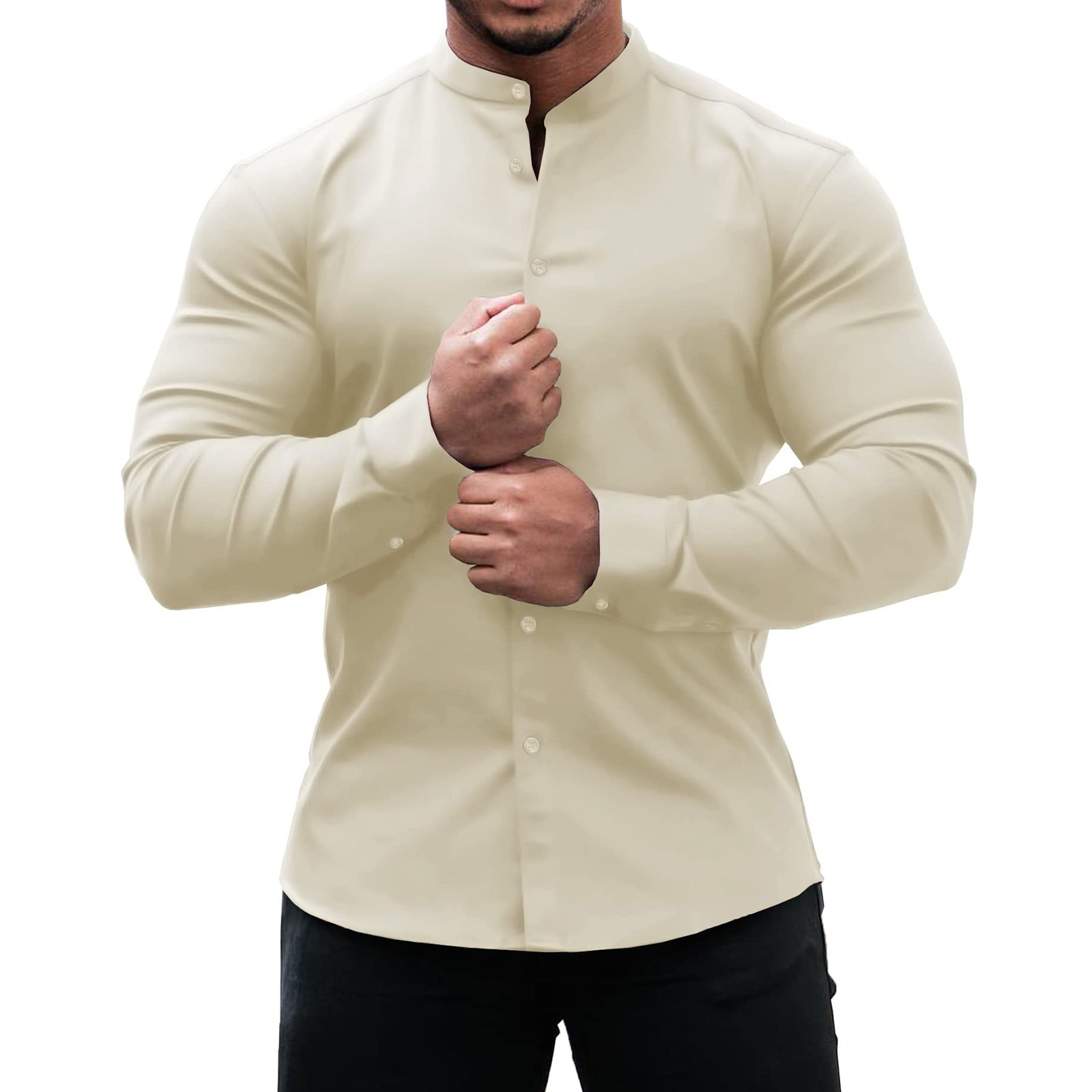 Summer Long Sleeve Crewneck T Shirts for Men Beige Workwear