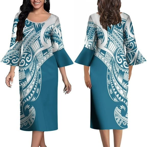 Summer Long-Sleeved Flared Sleeve Dress Crew-Neck Maxi Skirt Knee-Length Polynesian Custom Dress 2024 New Model