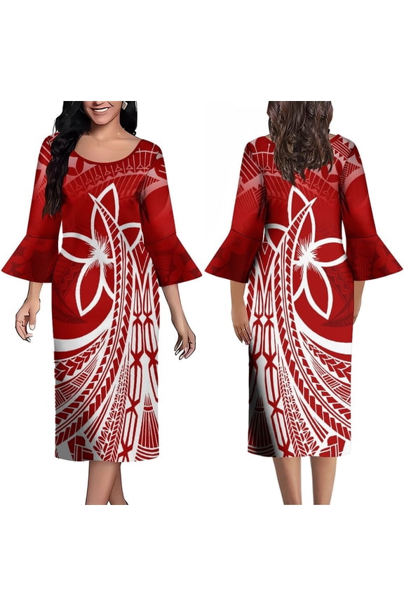 Summer Long-Sleeved Flared Sleeve Dress Crew-Neck Maxi Skirt Knee-Length Polynesian Custom Dress 2024 New Model