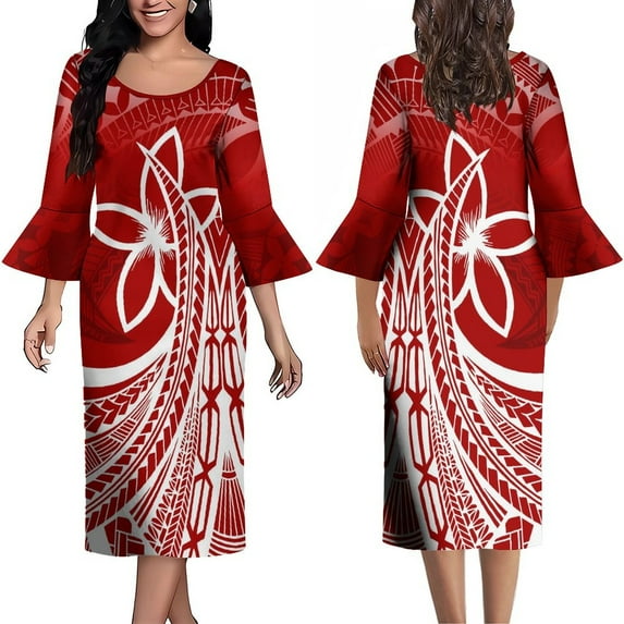 Summer Long-Sleeved Flared Sleeve Dress Crew-Neck Maxi Skirt Knee-Length Polynesian Custom Dress 2024 New Model
