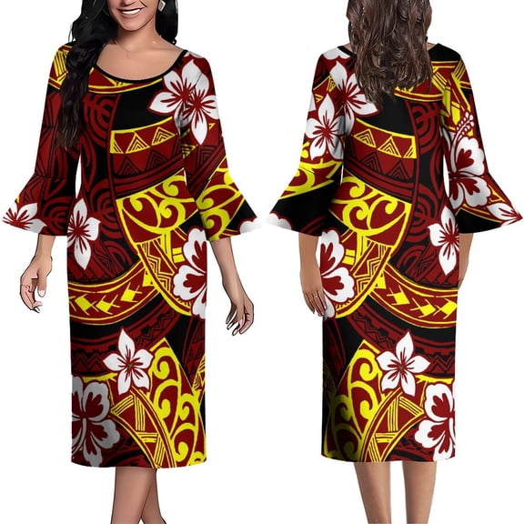 Summer Long-Sleeved Flared Sleeve Dress Crew-Neck Maxi Skirt Knee-Length Polynesian Custom Dress 2024 New Model