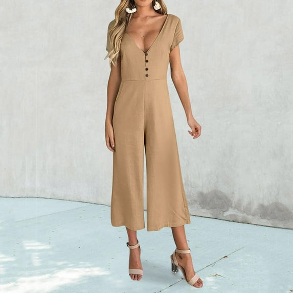 Summer Loose Fit Solid Color Deep V-Neck 1/4 Sleeve Rompers,New Hot Style Casual Button Jumpsuit Trousers for Women