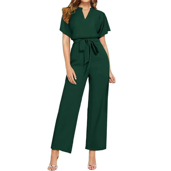 Summer Loose Fit Solid Color V-Neck Short Sleeve Rompers,Women's Belt Casual Fashion Jumpsuit