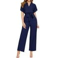 thumbnail image 1 of Summer Loose Fit Solid Color V-Neck Short Sleeve Rompers,Women's Belt Casual Fashion Jumpsuit, 1 of 4