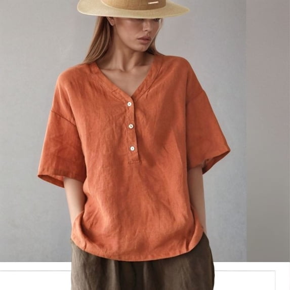 Summer Loose Fitting Short Sleeve V-Neck Women T Shirt Casual SolidBrownXXXXL
