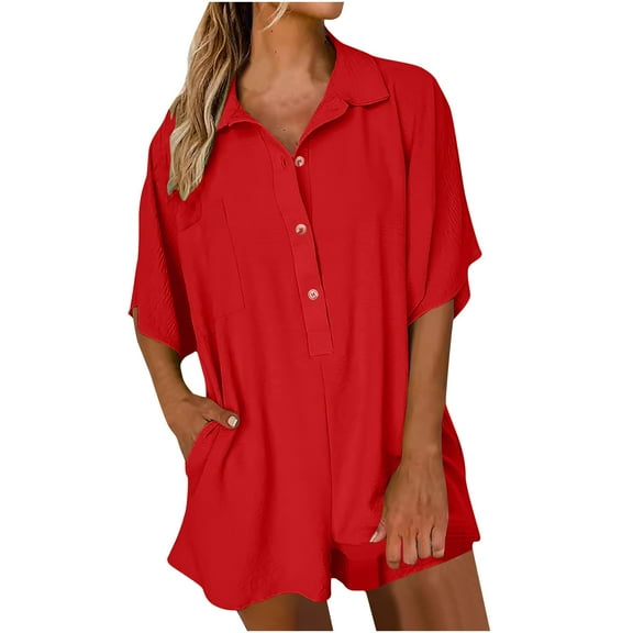 Summer Loose Romper for Women Casual Collared Button Down Short Jumpsuit with Pocket Oversize Wide Leg Workout Outfits, Red, XL