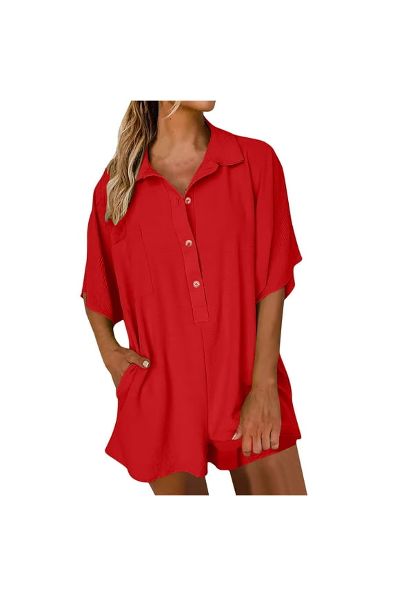 Summer Loose Romper for Women Casual Collared Button Down Short Jumpsuit with Pocket Oversize Wide Leg Workout Outfits, Red, XL