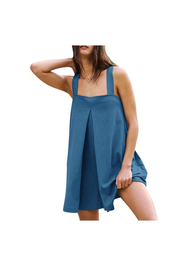 Summer Loose Romper for Women Flowy Ruffle Tank Top Short Jumpsuit with Pocket Wide Leg Front Slit Layer Dressy Outfits, Blue, M