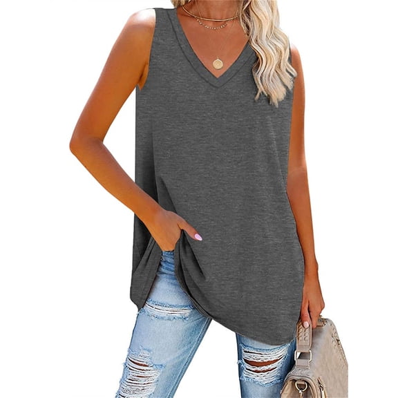 Summer Loose Women Sleeveless Casual Basic Solid Color Shirts Tunic Tops V Neck Tank Tops