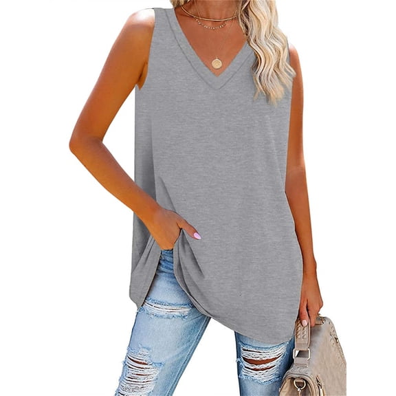 Summer Loose Women Sleeveless Casual Basic Solid Color Shirts Tunic Tops V Neck Tank Tops