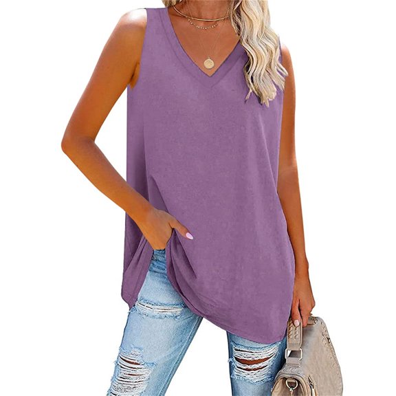 Summer Loose Women Sleeveless Casual Basic Solid Color Shirts Tunic Tops V Neck Tank Tops