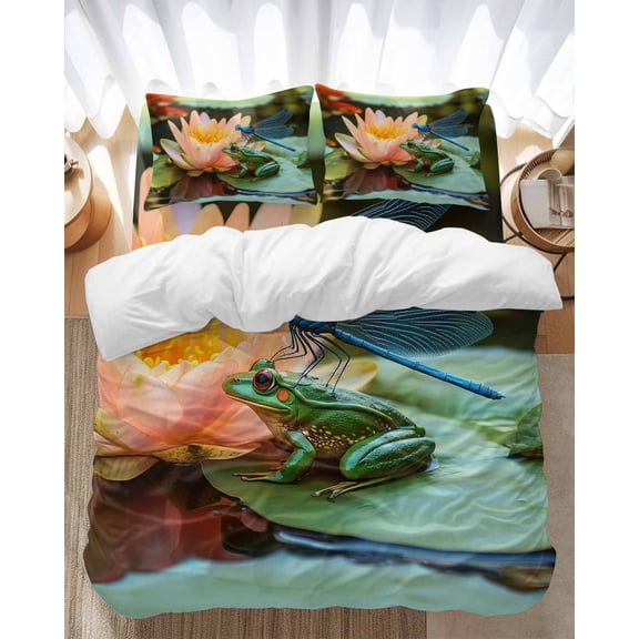 Summer Lotus Bedding Duvet Cover Set Full Size 4 Pieces Flowers Frogs Dragonflies Animal Bedding Set with Zipper Closure, 1 Comforter Cover 86x86 Inches 1 Flat Sheet & 2 Pillow Cases