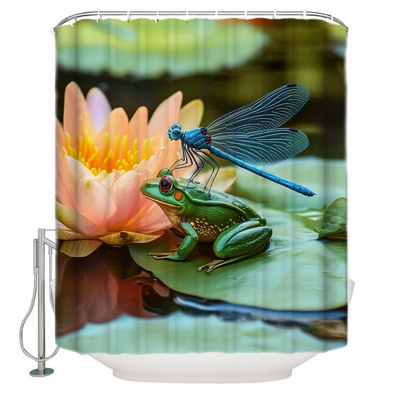 Summer Lotus Shower Curtain, 60" x 72", Flowers Frogs Dragonflies Animal Waterproof Bathroom Curtain Washable Shower Curtain Set with 12 Hooks