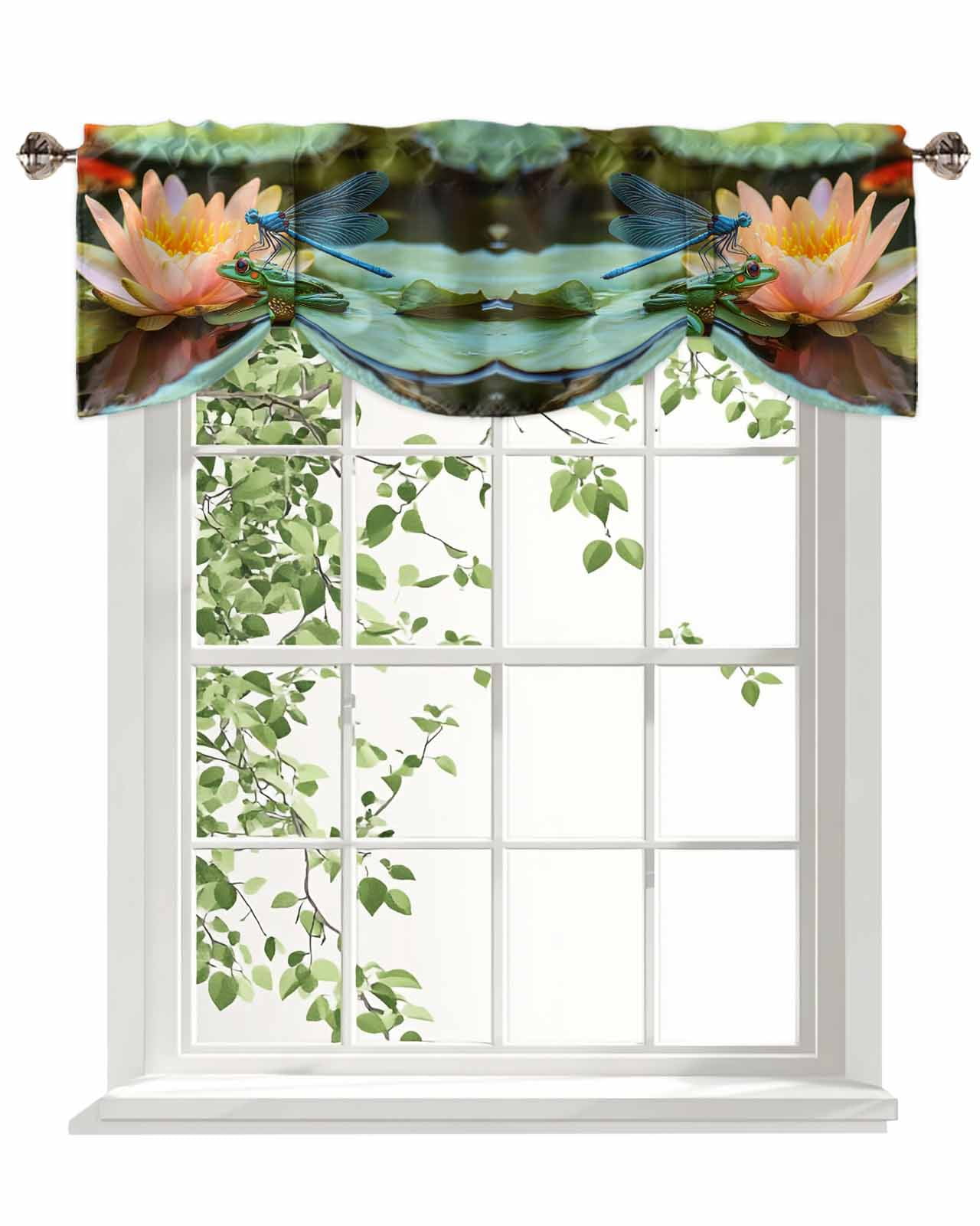 Summer Lotus Tie Up Valances Curtain, Flowers Frogs Dragonflies Animal Kitchen Valances for Windows Decor, Rod Pocket Short Curtains Set for Bedroom/Bathroom, 54"x18"