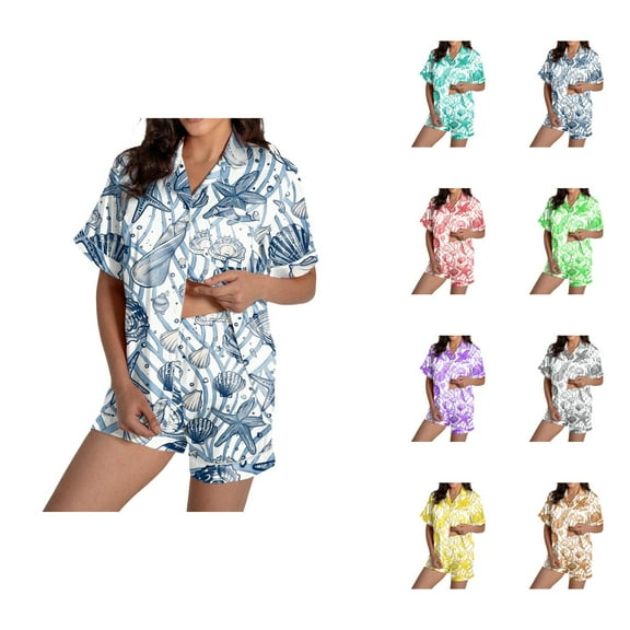 Summer Lounge Set – Women’s Pajamas with Tank Top Women's Pajamas Set Casual Print Short Sleeve Button Down Shirt Pajamas Shorts Set Pajamas