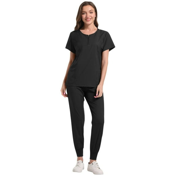 Summer Lounge Sets For Women Fashion Solid Color Casual Nurse Protective Uniform Short Sleeved Round Neck Matching Lounge Sets — Black-2∣2XL