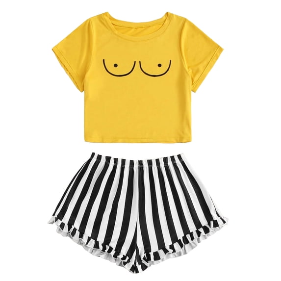 Summer Lounge Sets for Women Casual Cute Print Crewneck Short Sleeve T Shirts and Shorts Set 2 Piece Outfits Pajamas