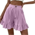 thumbnail image 1 of Summer Lounge Shorts for Women Linen Ruffle Wide Leg Flowy Comfy Short Pants Solid Loose Beach Shorts with Pockets Womens Clothes, 1 of 6