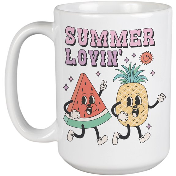 Summer Lovin, Retro Pineapple and Watermelon Art Merch Gift, White 15oz Ceramic Mug