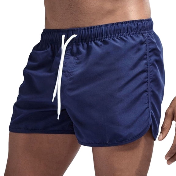 Summer Low-rise Elastic Waistband Drawstring Beach Surfing Shorts Breathable Side Irregular Trim Men Swimwear Shorts-Navy Blue,3XL