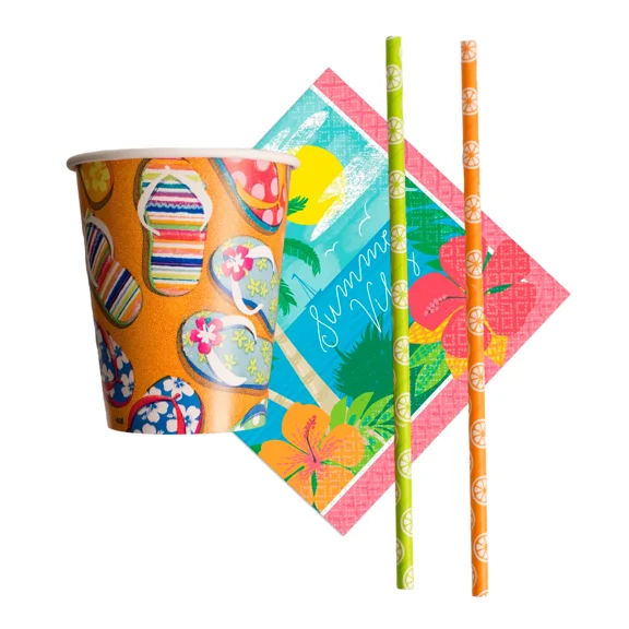 Summer Luau Party 34Pc Beverage Set With Cups, Beverage Napkins, Straws