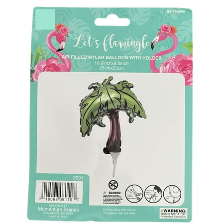 Summer Luau Party "Let's Flamingle" Mylar Foil Balloon with Holder; 26cm x 23 cm; Palm Tree