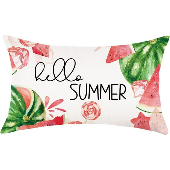 Summer Lumbar Pillow Cover 12x20 Watercolor Watermelon Hello Summer Decortions Throw Pillowcase Farmhouse Patio Outdoor Cushion Case for Sofa Bed