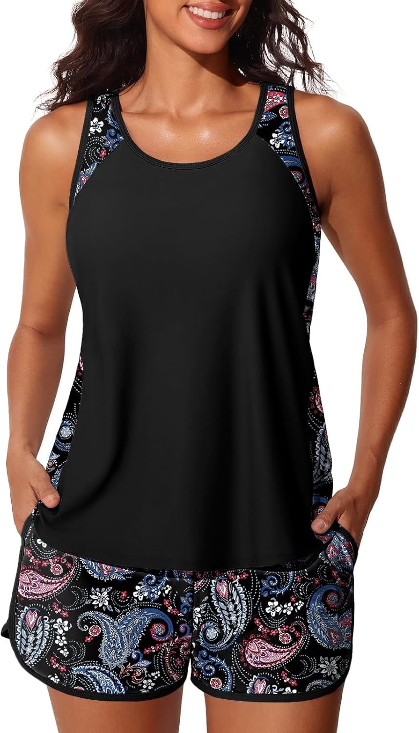 Summer Mae Blouson Tankini Swimsuits for Women 2025 Tummy Control Two Piece Bathing Suits with Sporty Pockets Swim Shorts