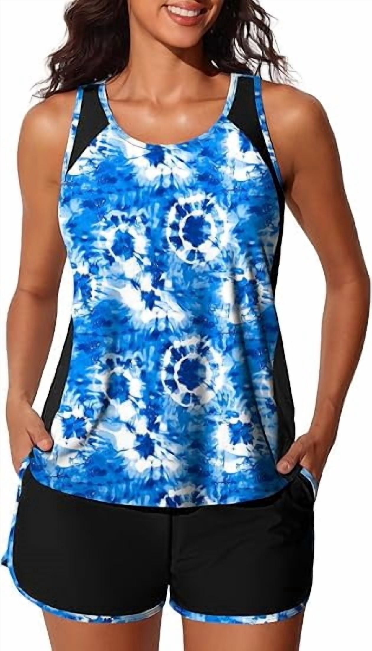 Summer Mae Blouson Tankini Swimsuits for Women 2025 Tummy Control Two Piece Bathing Suits with Sporty Pockets Swim Shorts