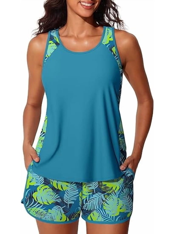 Blouson Tankini Swimsuits for Women 2025 Tummy Control Two Piece Bathing Suits with Sporty Pockets Swim Shorts