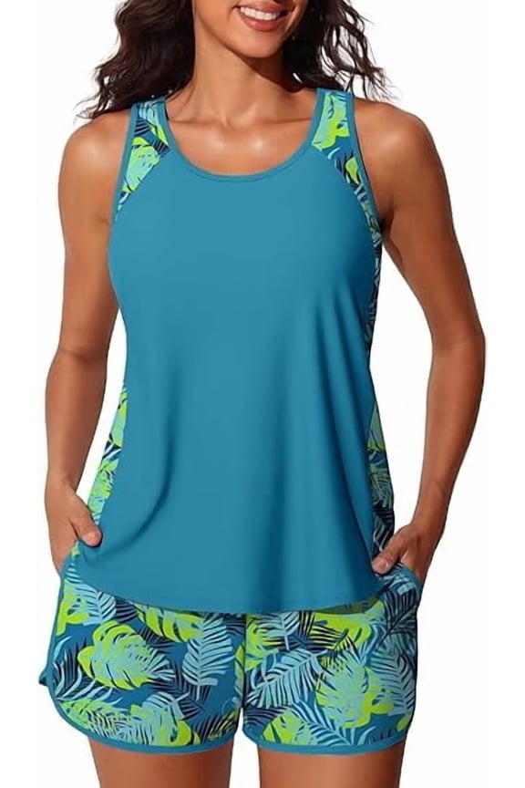 Blouson Tankini Swimsuits for Women 2025 Tummy Control Two Piece Bathing Suits with Sporty Pockets Swim Shorts